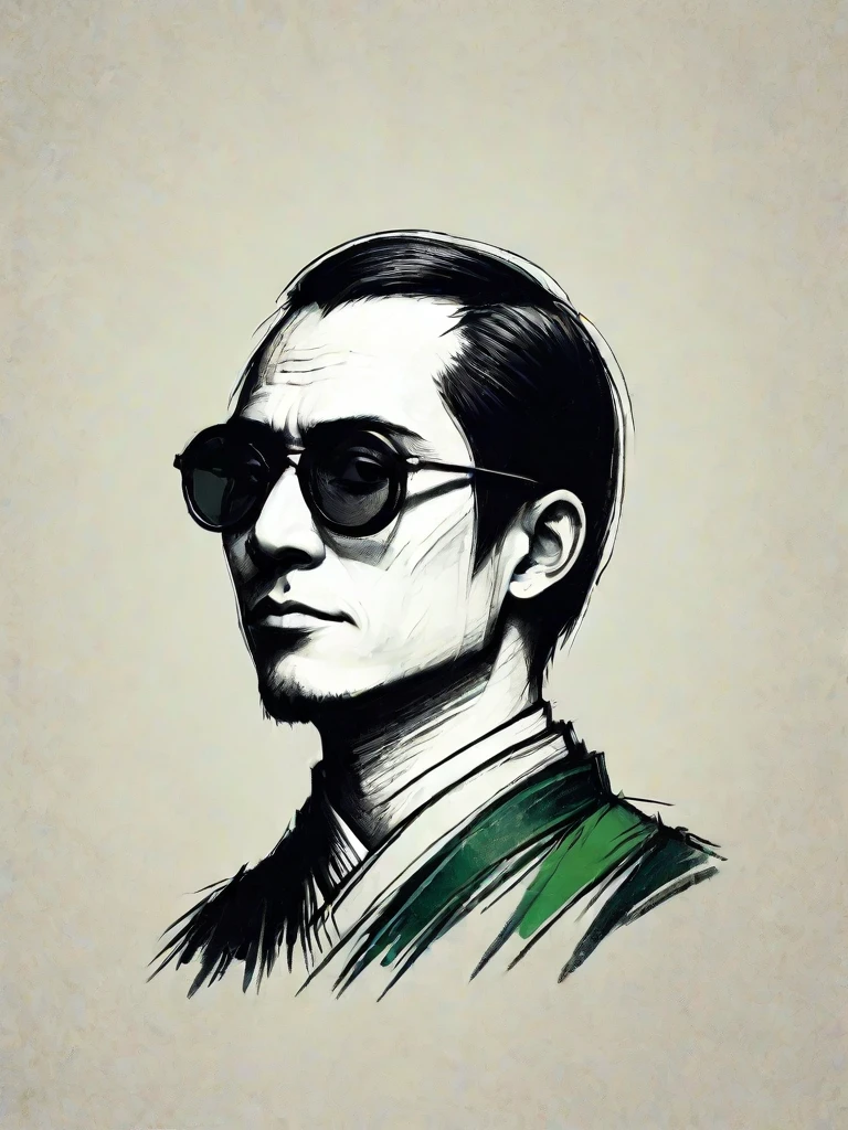 a vintage grunge Close-up portrait in Ukiyo-e style of a modern-day Japanese man, very short hair, dark green sunglasses, innocent simple looking face, profile view, only showing profile face, evoking historic woodblock prints. vibrant, poster, dark fantasy
