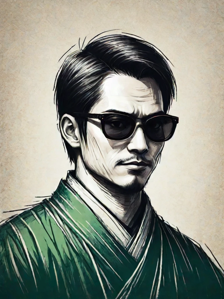 a vintage grunge Close-up portrait in Ukiyo-e style of a modern-day Japanese man, very short hair, dark green sunglasses, innocent simple looking face, profile view, only showing profile face, evoking historic woodblock prints. vibrant, poster, dark fantasy
