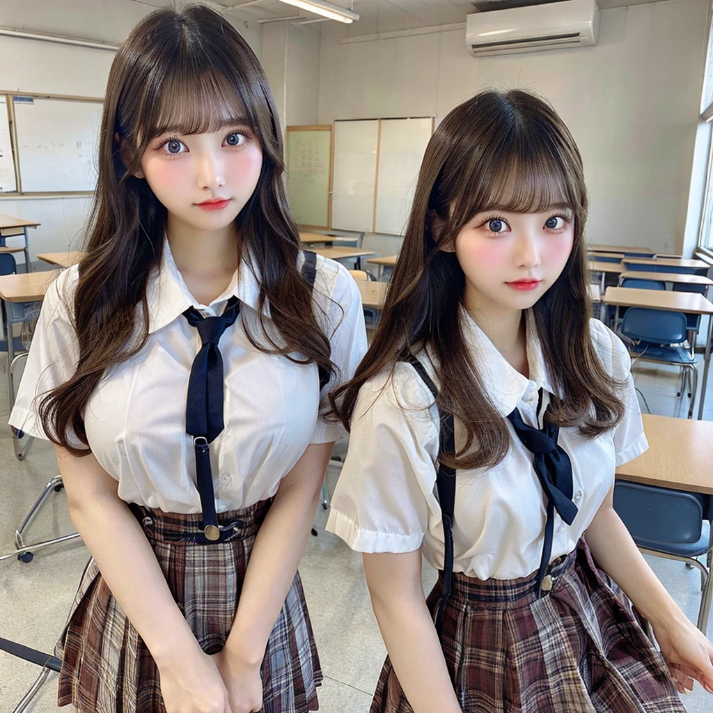 NSFW,(Super big breasts、valley),Swept-back Bangs、Wearing 、(High school classroom)、double eyelids、Tear bags、Big, round eyes、Long eyelashes)、highest quality