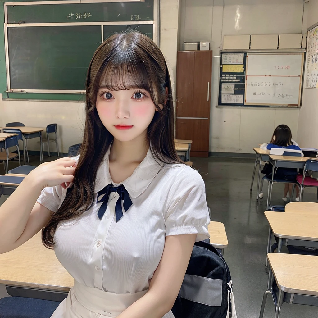 NSFW,(Super big breasts、valley),Swept-back Bangs、Wearing 、(High school classroom)、double eyelids、Tear bags、Big, round eyes、Long eyelashes)、highest quality