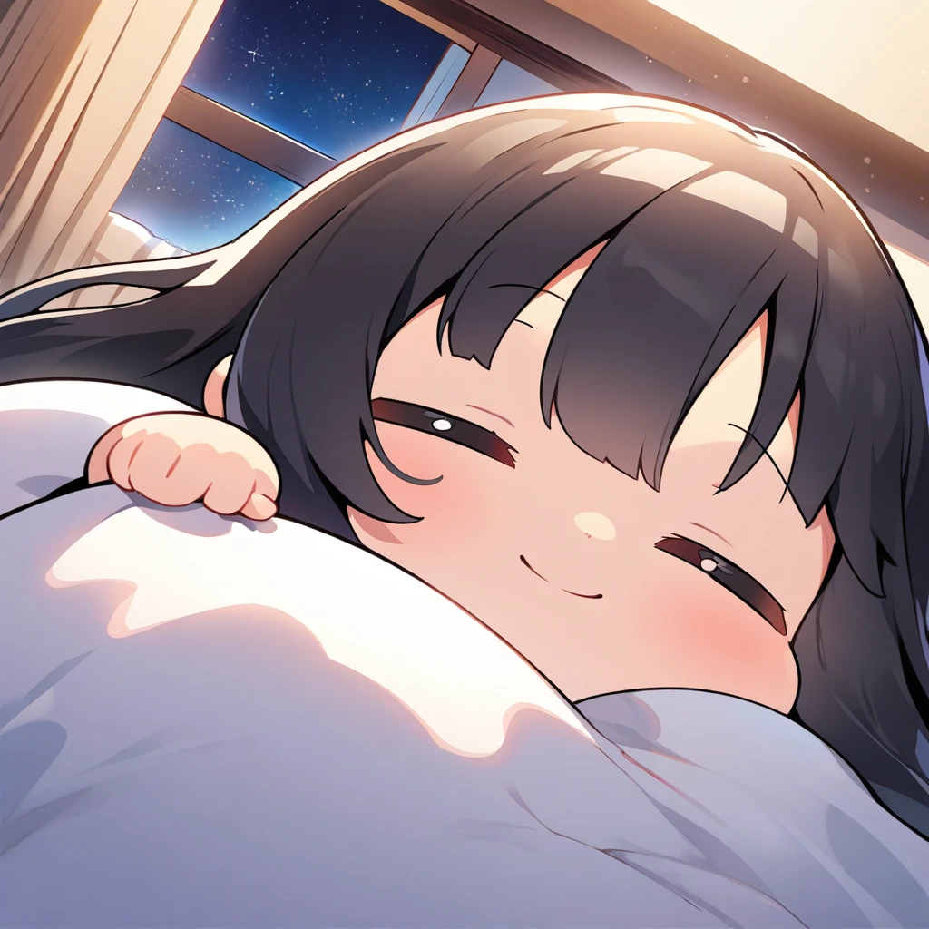 masterpiece、Highest quality、Depth of subject、2D illustration、1 beautiful girl、独奏, (((chibi style)))、((night)), ((window)), ((starry sky)), Long, beautiful hair、Shiny black hair、cute、Beautifully detailed eyes、((closed eyes))、((blanket))、((colorful))、Camisole dress、((happy smile))、sleeping on bed, ((close up shot))、((Asleep in bed)), a cute sleeping kitten, ((in the room))、((There's a lot of pink around))、Thighs、((vivid color))、sparkle、((Lens flare))、
