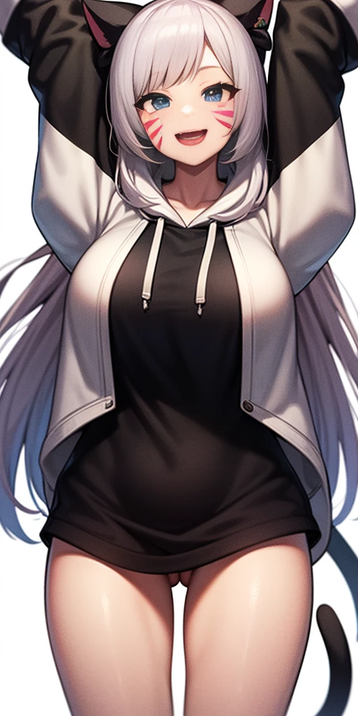 score_9, score_8_up, source_anime, CheshireMGE, two-tone hair, long hair, hair bow, cat paws, facial mark, striped tail, smile, open mouth, white hoodie, long sleeves, oversized hoodie, bottomless, thick thighs, v, simple background, white background,
