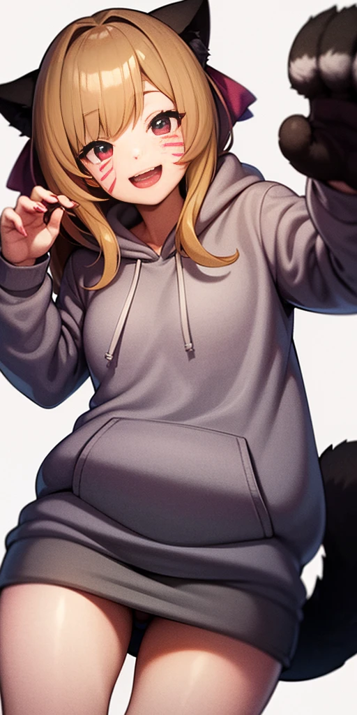 score_9, score_8_up, source_anime, CheshireMGE, two-tone hair, long hair, hair bow, cat paws, facial mark, striped tail, smile, open mouth, white hoodie, long sleeves, oversized hoodie, bottomless, thick thighs, v, simple background, white background,