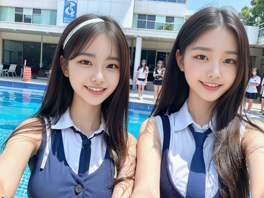 (Two super cute Korean high school girls take a photo together 1.2)(To laugh out loud:1.2)(Beautiful Sweat:1.1)(16K, RAW Photos, Highest quality, masterpiece: 1.2),(Mr.々Beautiful blonde with a stylish hairstyle:1.2) Super detailed, Super Resolution, (Genuine, Genuine photos: 1.37), Portraiture, High-resolution RAW color photos, Professional photos, Very detailed, 8k wallpaper, Very detailed CG Unity 8k wallpaper, Very detailed beautiful girls, Very detailed faces, ((whole body)), beautiful woman, Huge breasts,(huge boobs:1.1) (Big Boobs:1.1), Beauty college student (A tight, girly sleeveless school uniform with ribbons),high school girl, Korean Girls,(K-POP Female Idols), (Idol-class beauty)(Beautiful high school girl:1.1)(School swimming pool)(18-year-old)(Stylish school uniform-style outfit for summer:1.1)(Group photo:1.2)(Splash:1.1)