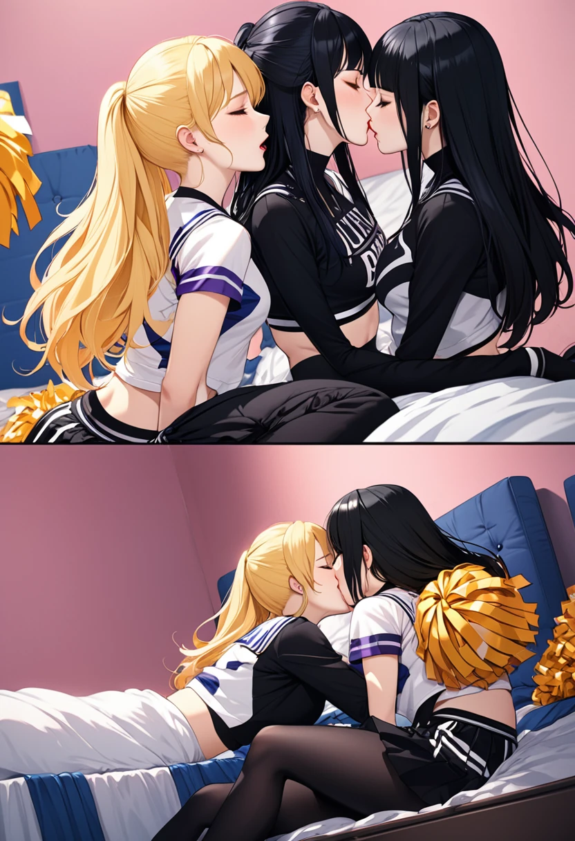 detailed illustration (side view),dynamic angle, ultra-detailed, illustration, 2girls, lesbian kiss, blonde hair, black hair, cheerleader, goth, closed eyes, tattoos, sitting on bed, bedroom, seductive
