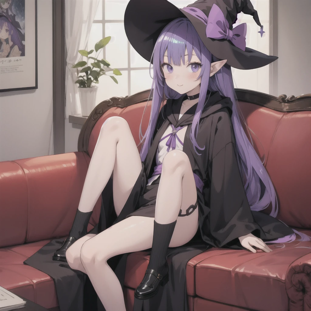 anime girl long purple hair wearing a black Robe. she has pointy ears. Witch Hat. Manga kawaii. iridescent ,An illustration, Sit on the sofa,One person