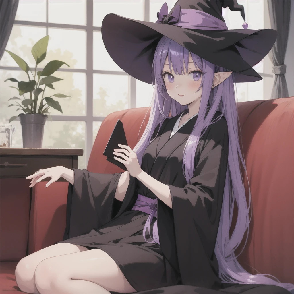 anime girl long purple hair wearing a black Robe. she has pointy ears. Witch Hat. Manga kawaii. iridescent ,An illustration, Sit on the sofa,One person