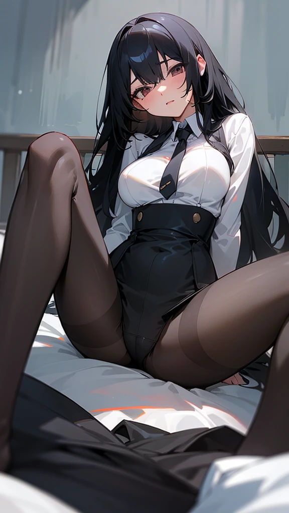 best quality、high resolution、looking at viewer、extra limbs、missing limb、girl、Long black hair、Wet Uniform、Big breasts、Black Pantyhose、pantyhose、Sit on the bed、、spread legs、from below、aroused