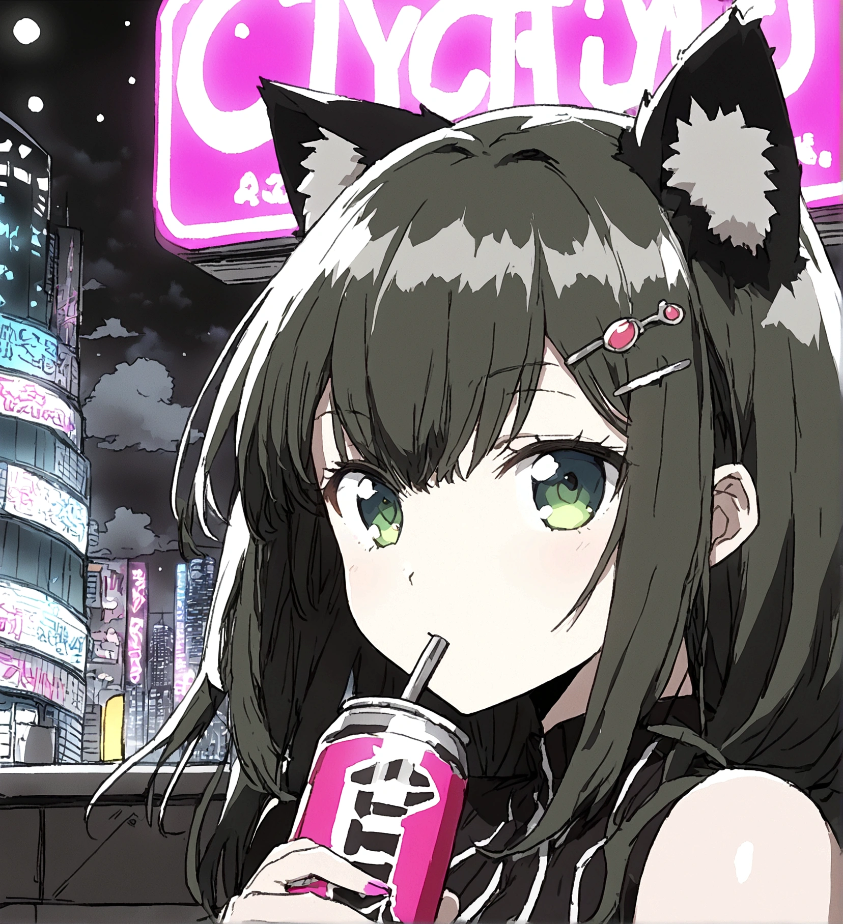 1 girl, city, cat ears, anime cyber cityscape, green eyes, green hair, white and black summer jacket, sitting, drinking a can of energy drink, city lights, teenage black and pink sneakers, night, neon lights, long hair, girlish hairpin, outdoors, tanned skin, close-up front view