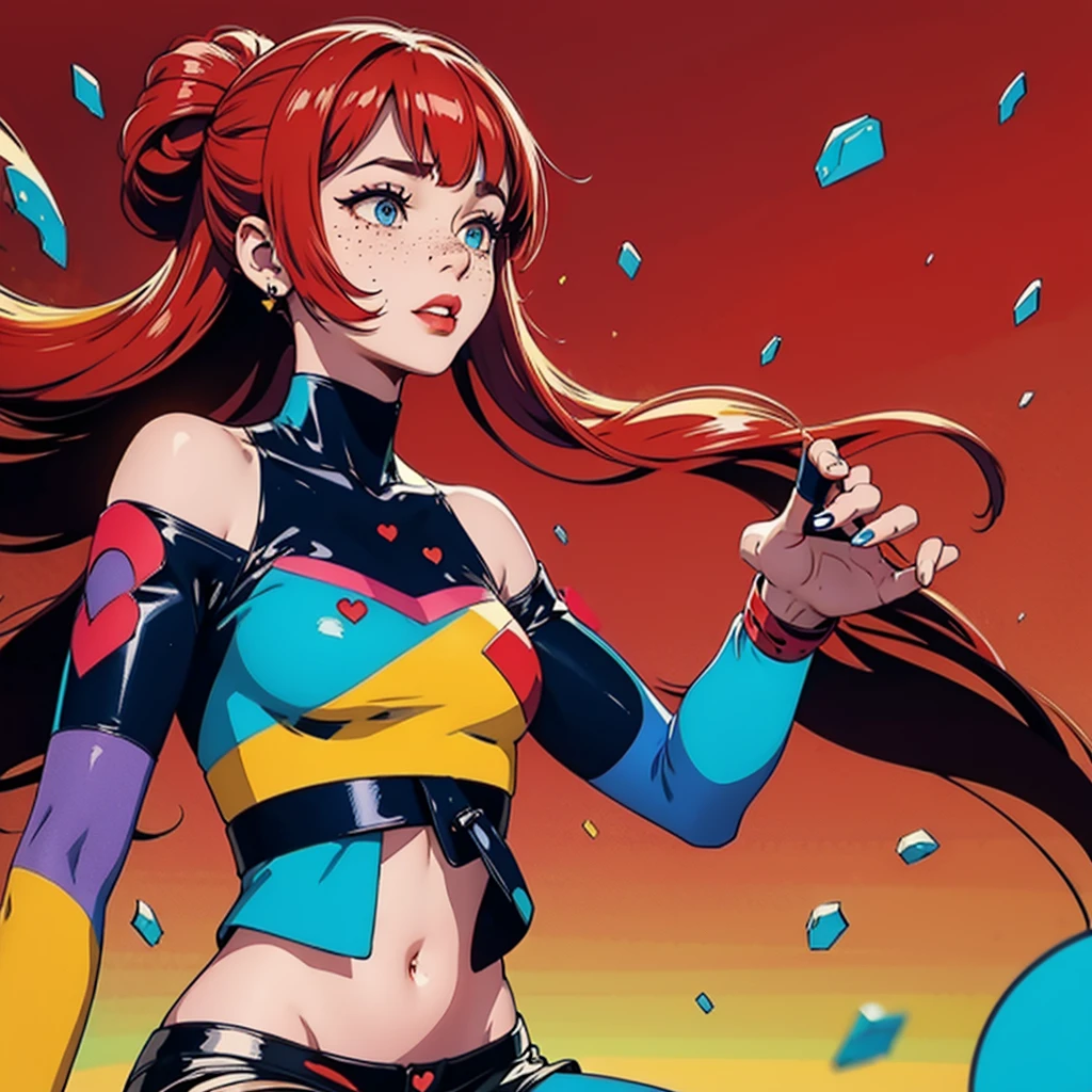 beautiful, (linework:1.1), 1 girl, adult  woman, freckles, ruby eyes,  updo hairstyle,  ombre, bangs, , 
solo, (simple background, red color palette:1.2),       shy, 
(casual theme:1.1),
upper body,
 sitting,
crop top
		shorts,
	offshoulder,
	ruffles,
	 leather material,,
jewelry, , wristband, ribbons,
floating particles, floating hearts,
high contrast, , faded colors,