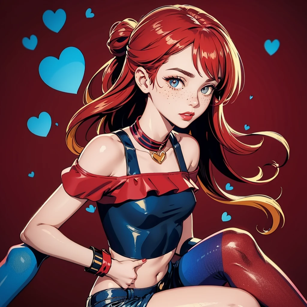 beautiful, (linework:1.1), 1 girl, adult woman, freckles, ruby eyes, updo hairstyle, ombre, bangs, ,
solo, (simple background, red color palette:1.2), shy,
(casual theme:1.1),
upper body,
sitting,
crop top
shorts,
offshoulder,
ruffles,
leather material,,
jewelry, , wristband, ribbons,
floating particles, floating hearts,
high contrast, , faded colors,