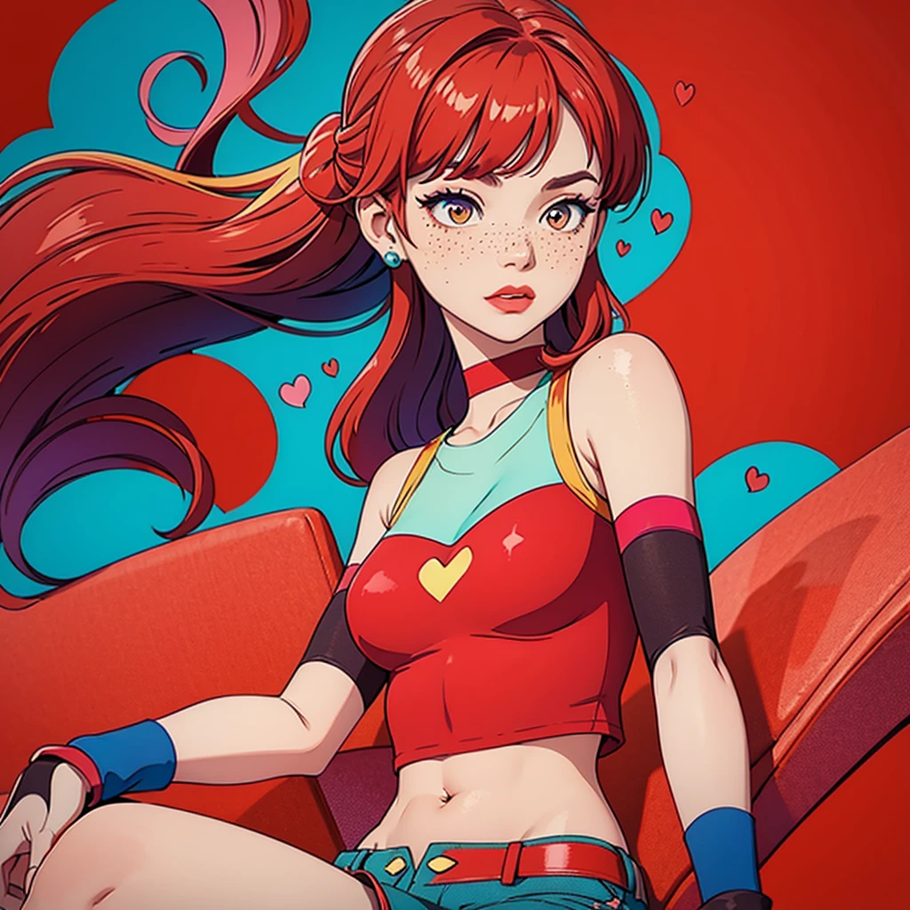 beautiful, (linework:1.1), 1 girl, adult woman, freckles, ruby eyes, updo hairstyle, ombre, bangs, ,
solo, (simple background, red color palette:1.2), shy,
(casual theme:1.1),
upper body,
sitting,
crop top
shorts,
offshoulder,
ruffles,
leather material,,
jewelry, , wristband, ribbons,
floating particles, floating hearts,
high contrast, , faded colors,