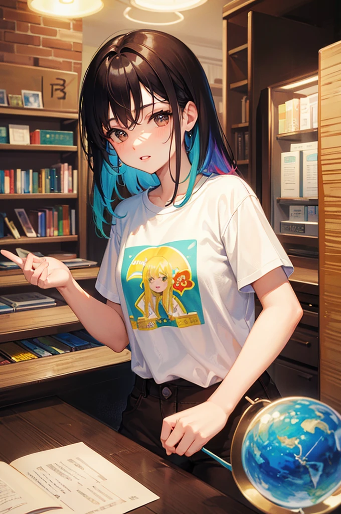 ８K, Highest quality, masterpiece, Ultra-detailed、Rainbow colored hair、Medium Hair、full lips、Brown eyes、１８Year-old beauty、Portrait、library、Staring、T-Shirts、