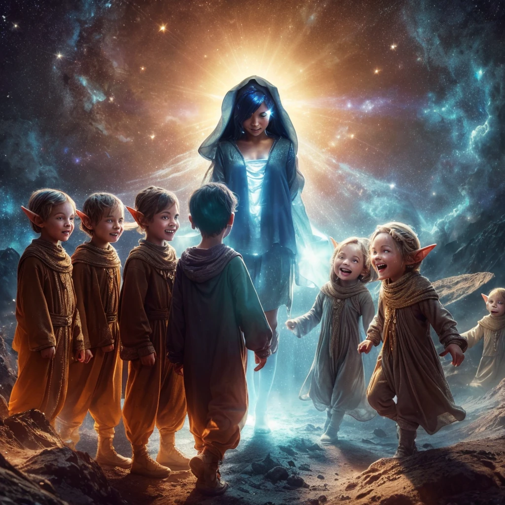 Complete and real image. On a planet in another galaxy there are 3 beautiful elves resembling children, dressed in very baggy clothes, they laugh mischievously and curiously, observing a dark-skinned woman who is standing fearfully in front of them and radiating white light. Photorealism, full view, very detailed image, very realistic, hyperrealism, Ultra HD, 8k, 5, sharp focus, intricate and mysterious masterpiece.(Long exposure photography Highly detailed close-up portrait art illustration: final quality, medium shot, backlit, rich and striking. Enigmatic and mysterious manipulations (rule of thirds composition), ((detailed environment with strong lines) The best quality, in camera, white light, warm and clean aesthetics, dazzling screen composed of millions of bright ultraviolet rays, HDR.