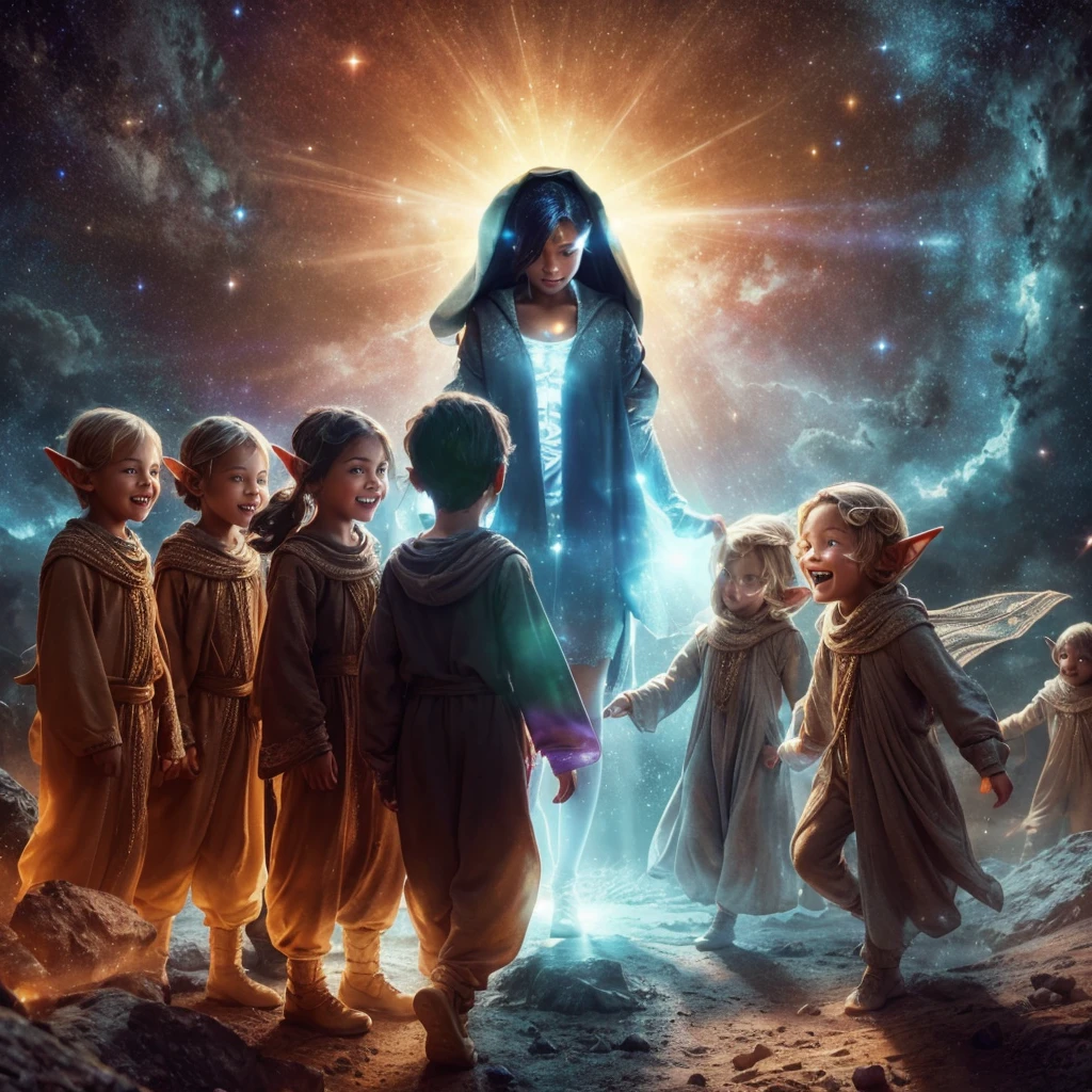 Complete and real image. On a planet in another galaxy there are 3 beautiful elves resembling children, dressed in very baggy clothes, they laugh mischievously and curiously, observing a dark-skinned woman who is standing fearfully in front of them and radiating white light. Photorealism, full view, very detailed image, very realistic, hyperrealism, Ultra HD, 8k, 5, sharp focus, intricate and mysterious masterpiece.(Long exposure photography Highly detailed close-up portrait art illustration: final quality, medium shot, backlit, rich and striking. Enigmatic and mysterious manipulations (rule of thirds composition), ((detailed environment with strong lines) The best quality, in camera, white light, warm and clean aesthetics, dazzling screen composed of millions of bright ultraviolet rays, HDR.