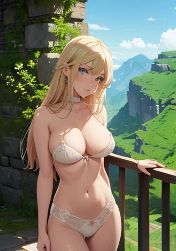 Busty girl, blue eyes long hair , blonde bimbo , nudity , seductive lingerie posing in high resolution 12k great supernatural beauty perfect detailed green mountainous landscape