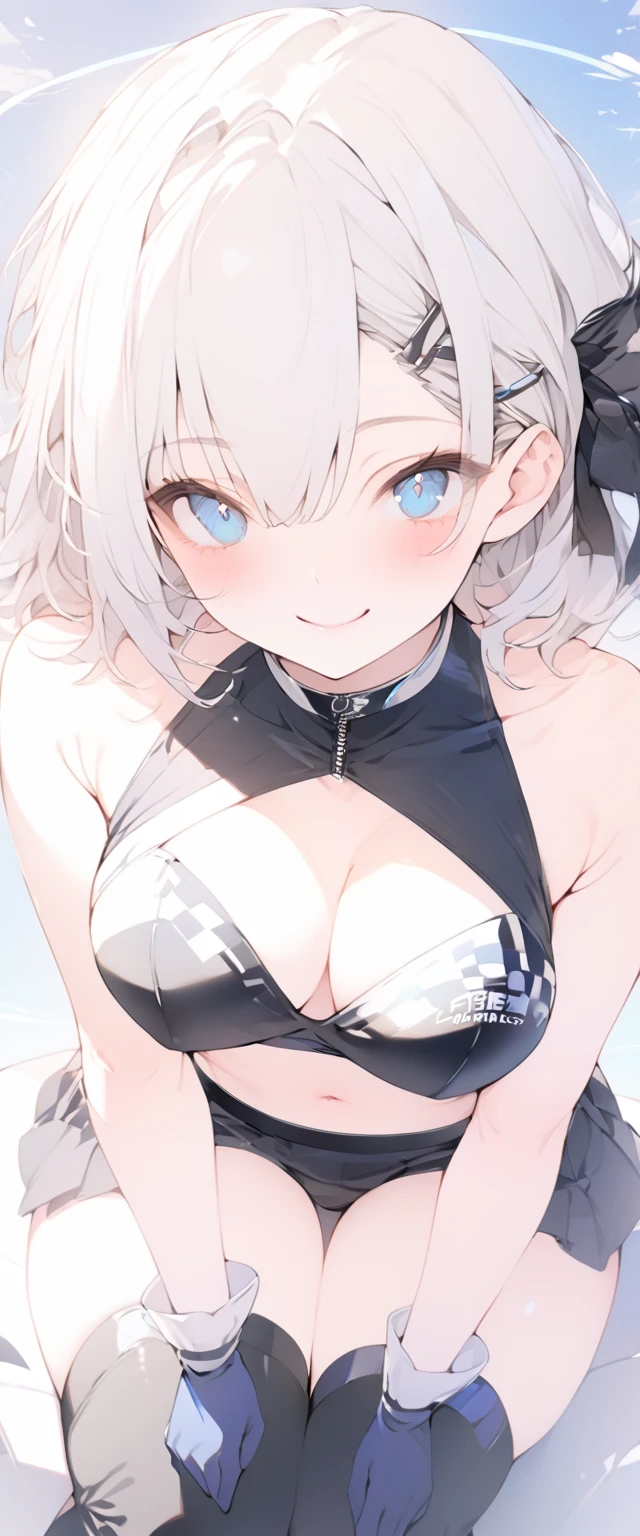 beautiful, masterpiece, Highest quality, anime, One girl, C Cup,Portrait Shot, View your viewers, Covered、Short Hair、nearby、Blue Eyes、art、、White hair,Blue streaked hair、wallpaper、hairpin、Cute smile、Thighs、navel、Black and White_Open race queen、Blue-black_Gloves、Blue-black_Knee-high boots、、Cute、Blue-black_Short skirt、circuit、blue sky、Blue-black_mini skirt、Blue-black_Very short belted skirt、income