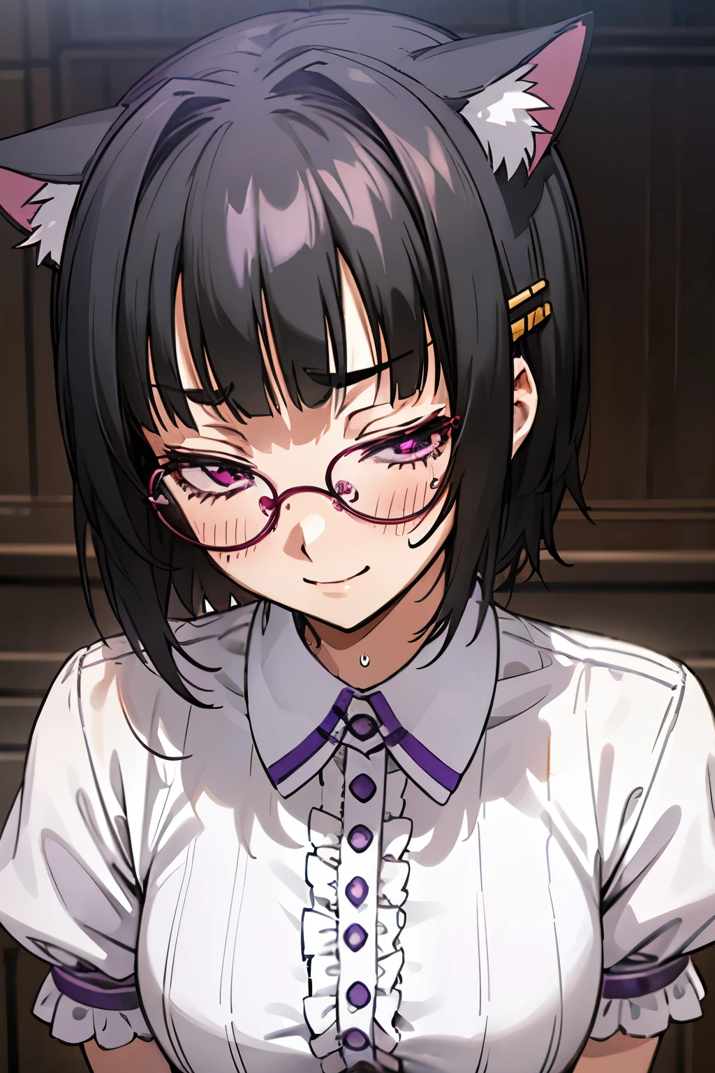 a girl, souna sitri, short hair, black hair, hair ornament, glasses, hairclip, bangs, blunt bangs, (purple eyes:1.1), cute, frills, laces, cat ears, half closed eyes, nose blush, smile, thee-through, wet, sweat, squat, spread legs, bedroom,