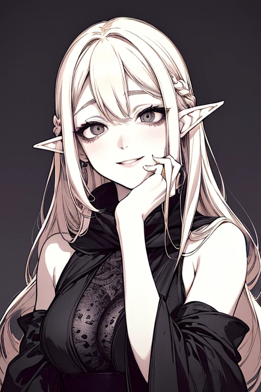 Highest quality, (Background details), High Contrast, One very beautiful woman, Detailed original illustrations、White sundress、Functional、Delicate face、Platinum Blonde Hair、Alluring、Villainess、sexy、Real breasts、Crazy Smile, Crazy Eyes, Elf, Head close-up, Black Robe, Black background, (Black background: 1.5), Beautiful line drawing、Monochrome