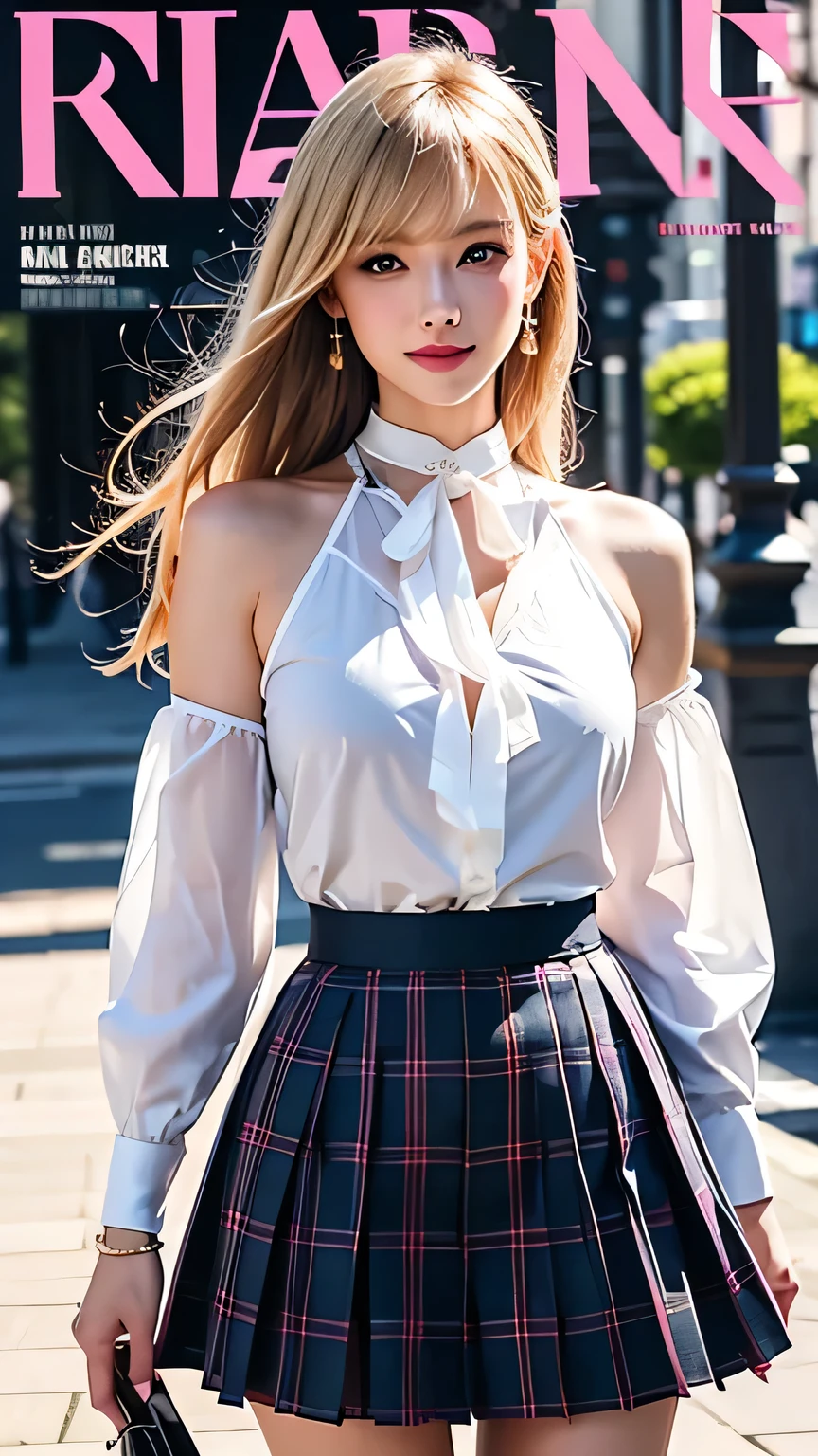 masterpiece, Highest quality, whole body, One girl, bangs, black choker, black tie, (Blonde:1.2), blue skirt, blush, bracelet, chest, choker, clothes The surrounding area waist, clavicle, collared shirt, Cowboy Shot, dress shirt, ear Earrings, Eyebrows visible through hair, Gradient Hair, Grin, Improve, jewelry, Kogal, Long Hair, View your viewers, loose tie, tie, Earrings, Plaid, Plaid skirt, pleated skirt, (blue eyes:1.2), ring, , shirt, skirt, smile, alone, white shirt, street, null, cherry blossoms, petal,figure, (magazine:1.3), (cover-style:1.3), woman, Vibrant, Costume, Pause, front, colorful, dynamic, background, element, have confidence, Performance, Holding, statement, accessories, Majestic, Coiled, The surrounding area, touch, scene, cover, bold, to attract attention, title, stylish, font, Catchy, big, impressive, Modern, trend, concentrated, fashion,