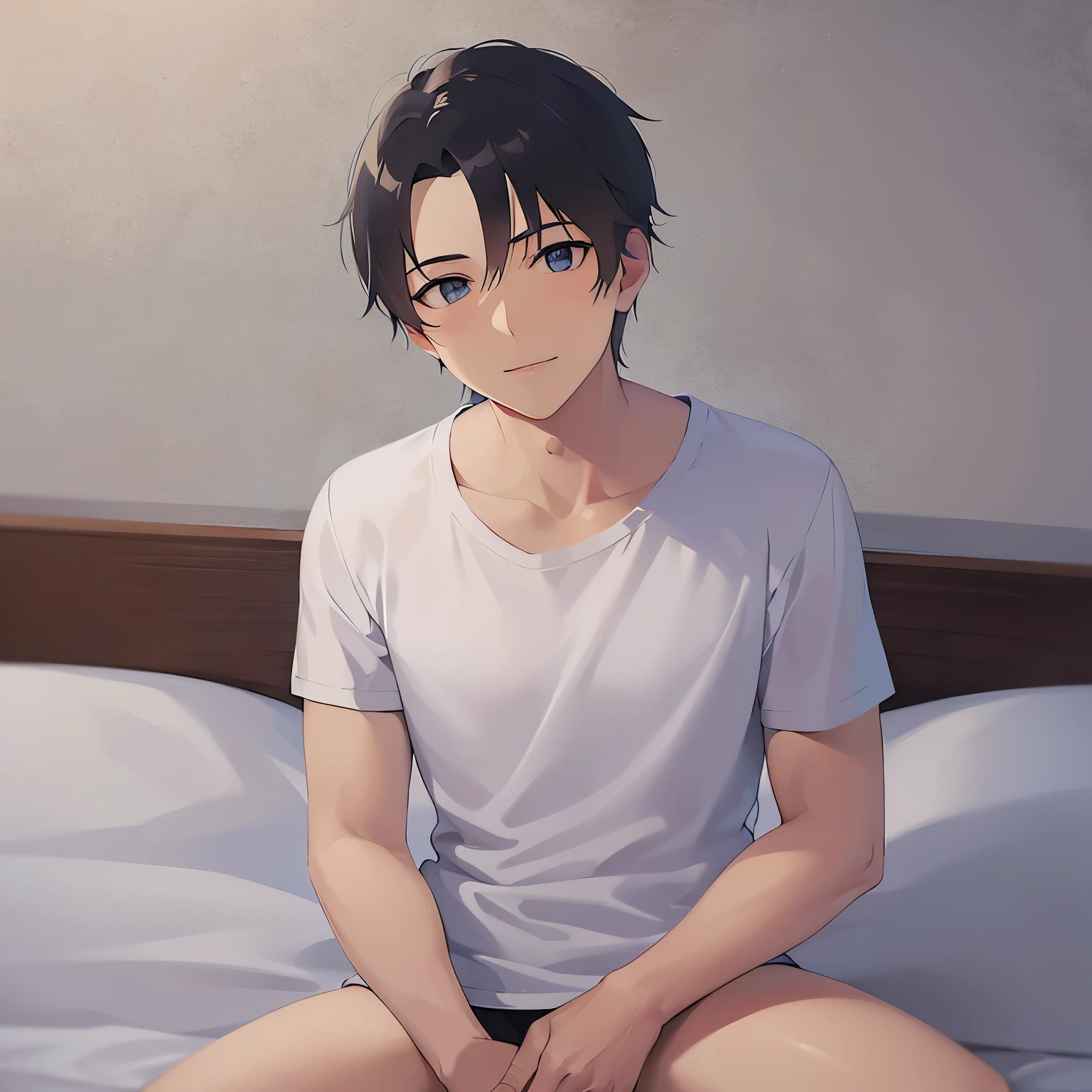 night, dark bedroom, White T-shirt、head rest, upper body、shiny skin, masterpiece、Highest quality、(25-year-old male:1.5) and (Black short hair) and (blue eyes), Sitting、smile, alone