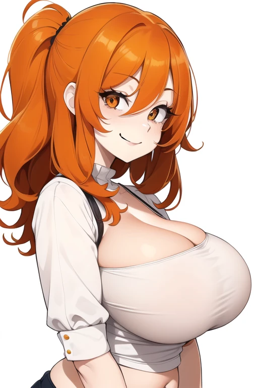 1 girl, Alone, Upper part of the body,
Orange hair, wide,
orange eyes, long eyelashes, thick eyelashes, looking at the viewer,
SMILE,
White shirt,
White background, simple background, ((busty1.87,)) (giant breasts:1.2),