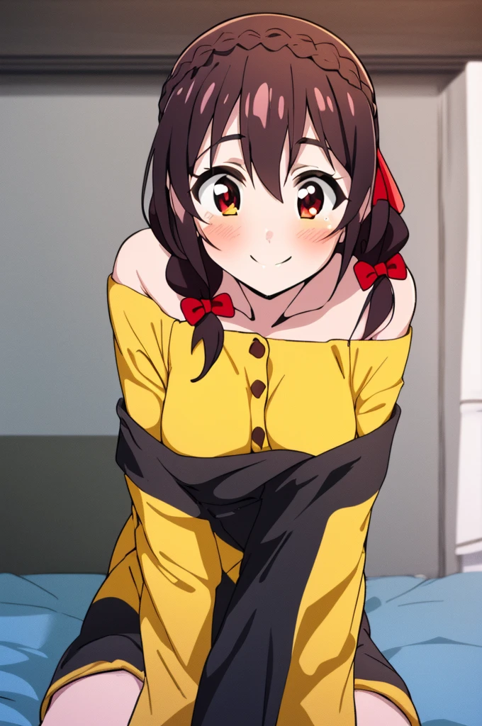 (masterpiece, Highest quality), One girl,    Yunyun,Long Hair,Braiding,Twin tails,Hair between the eyes,Red hair ribbon,hair ornaments,large round breasts,、Black Hair、Red Eyes、(Happy Face:1.2)、bed、Crown Blade,(Yellow off-the-shoulder pajamas:1.5)、(blush)、Sitting、(Pink underwear:1.2)