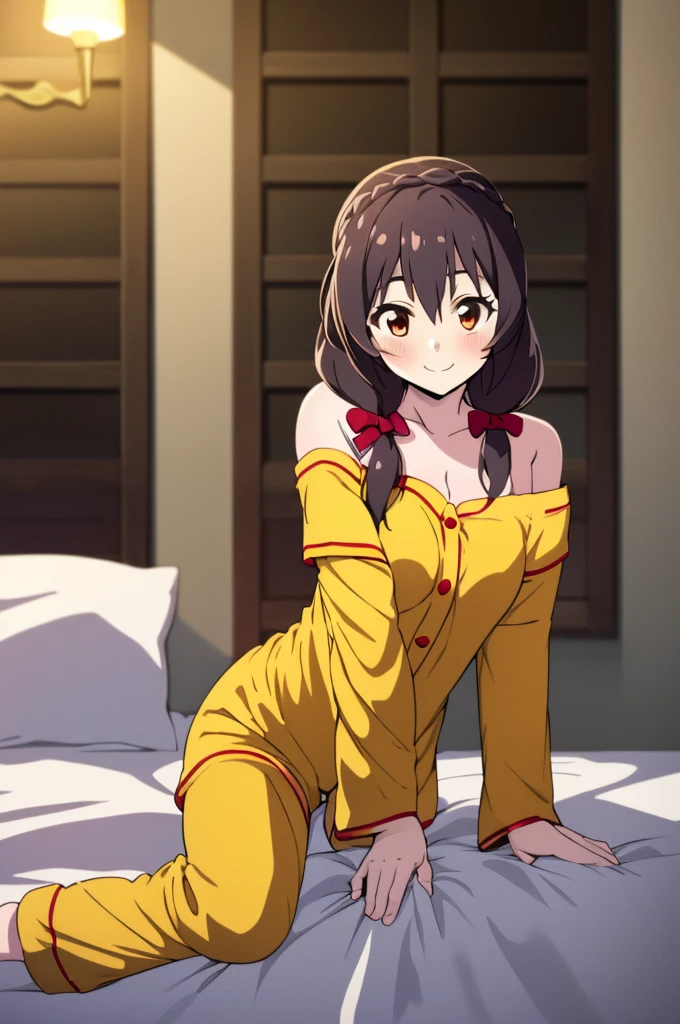 (masterpiece, Highest quality), One girl, Yunyun,Long Hair,Braiding,Twin tails,Hair between the eyes,Red hair ribbon,hair ornaments,large round breasts,、Black Hair、Red Eyes、(Happy Face:1.2)、bed、Crown Blade,(Yellow off-the-shoulder pajamas:1.5)、(blush)、Sitting、(Pink underwear:1.2)