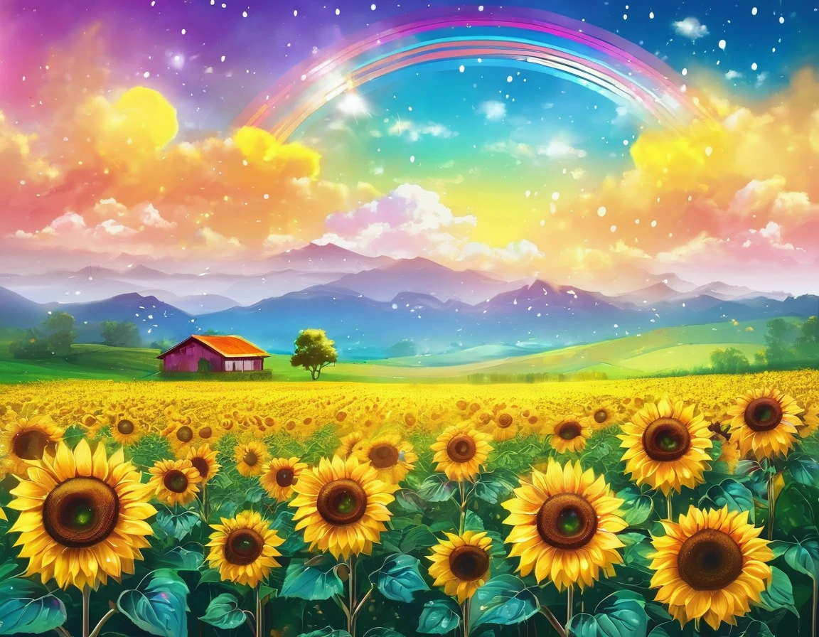 Sunflower field after the rain、Yellow flowers and sparkly rainbow background、Cinematic backgrounds、Landscape painting