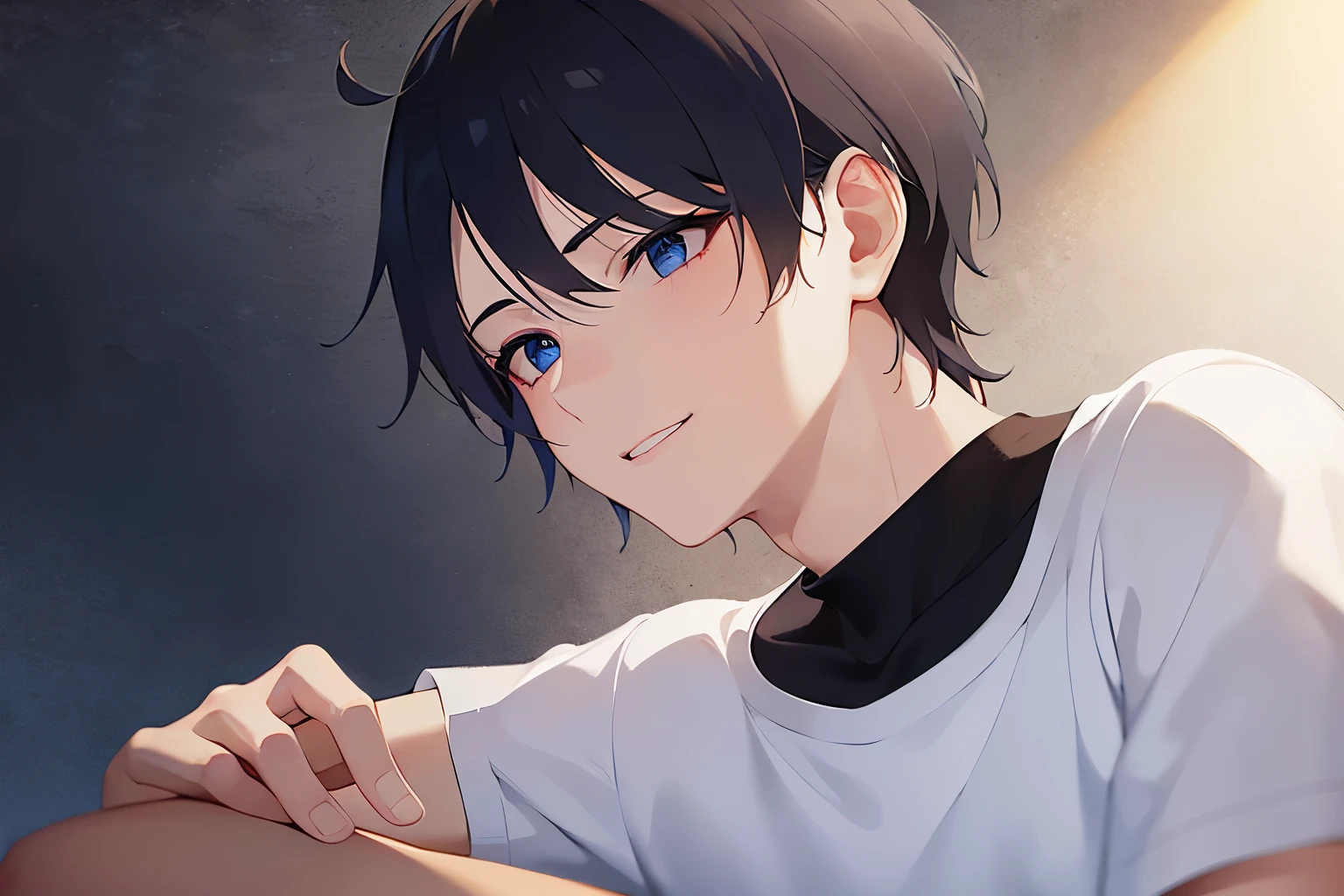 night, dark bedroom, White T-shirt、head rest, upper body、shiny skin, masterpiece、Highest quality、(25-year-old male:1.5) and (Black short hair) and (blue eyes), Sitting、smile, alone