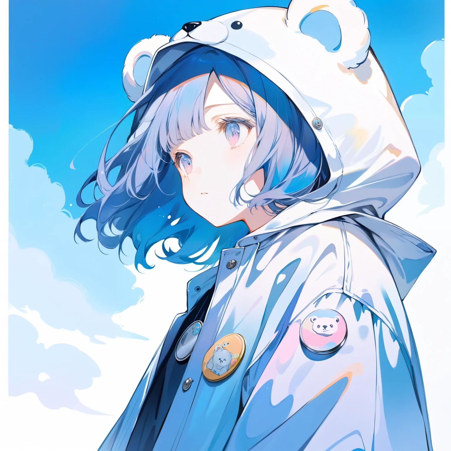 One girl, Long Hair, pastel colour, Portraiture, Medium chest, Simple Background, (watercolor:0.5)、Wide-angle shot, hand-painted cartoon girl with blue bob cut in melancholy atmosphere, blue sky, bear ear-shaped hood, tin badge decoration, white bear parka