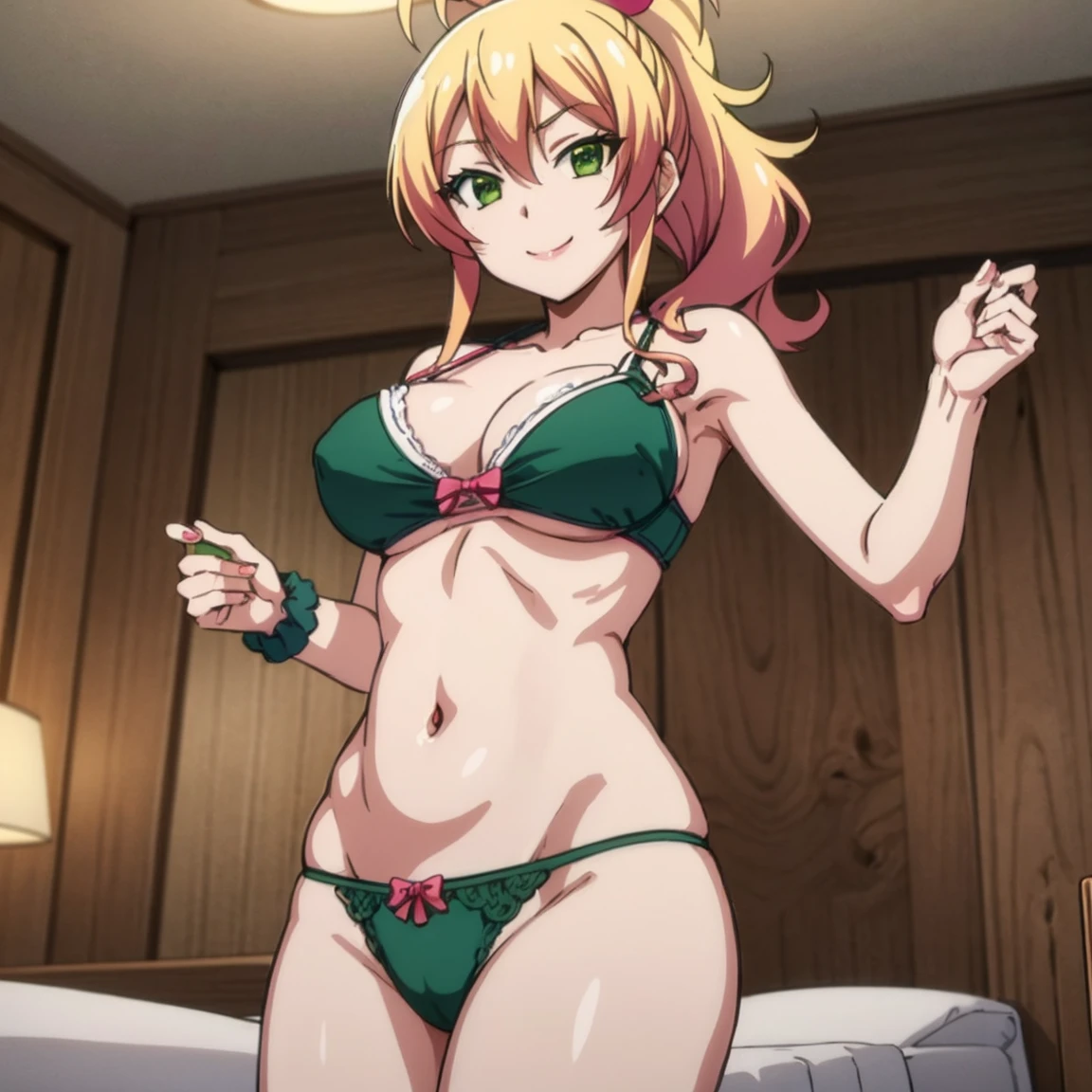 solo , 1girl , looking at viewer , milf , yukana yame, long hair, bangs, blonde hair, hair between eyes, (green eyes:1.5), ponytail, multicolored hair, scrunchie, high ponytail, lipstick, gyaru, kogal, makeup, green bra and panties , bedroom , smile , cowboy pose