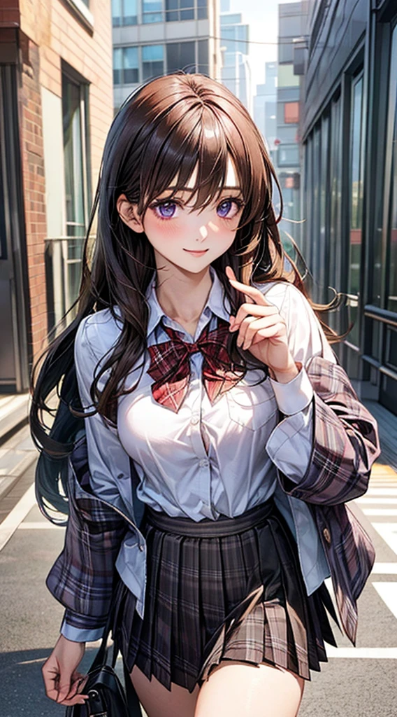 (masterpiece:1.2, Highest quality), (Realistic, photoRealistic:1.4), Beautiful illustrations,
View your viewers, Cowboy Shot, Front view:0.8,
1 Girl, Japanese, high School girl, (Long Hair:1.5), Hair fluttering, bangs, Hair between the eyes, Purple eyes, Large Breasts:0.8,
Beautiful Hair, Beautiful Face, Beautiful attention to detail, Beautiful clavicle, Beautiful body, Beautiful breasts, Beautiful thighs, Beautiful feet, Beautiful fingers,
(Beautiful views), , School,
((Collared shirt, White shirt, , Navy long sleeve jacket, Brown plaid pleated skirt, Red plaid bow tie)), Open jacket,
Are standing, walking,
smile, ,