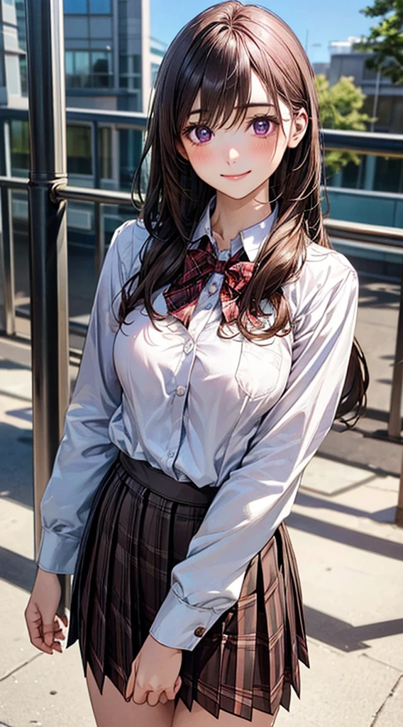 (masterpiece:1.2, Highest quality), (Realistic, photoRealistic:1.4), Beautiful illustrations, 
View your viewers, Cowboy Shot, Front view:0.8, 
1 Girl, Japanese, high School girl, (Long Hair:1.5), Hair fluttering, bangs, Hair between the eyes, Purple eyes, Large Breasts:0.8, 
Beautiful Hair, Beautiful Face, Beautiful attention to detail, Beautiful clavicle, Beautiful body, Beautiful breasts, Beautiful thighs, Beautiful feet, Beautiful fingers, 
(Beautiful views), , School,
((Collared shirt, White shirt, , Navy long sleeve jacket, Brown plaid pleated skirt, Red plaid bow tie)), Open jacket, 
Are standing, walking, 
smile, ,