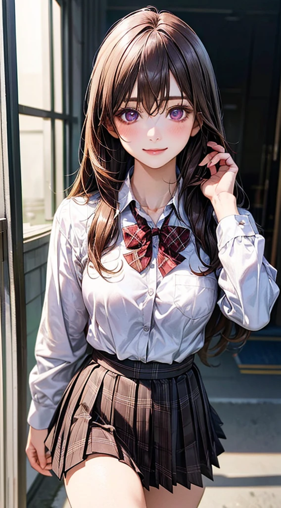 (masterpiece:1.2, Highest quality), (Realistic, photoRealistic:1.4), Beautiful illustrations, 
View your viewers, Cowboy Shot, Front view:0.8, 
1 Girl, Japanese, high School girl, (Long Hair:1.5), Hair fluttering, bangs, Hair between the eyes, Purple eyes, Large Breasts:0.8, 
Beautiful Hair, Beautiful Face, Beautiful attention to detail, Beautiful clavicle, Beautiful body, Beautiful breasts, Beautiful thighs, Beautiful feet, Beautiful fingers, 
(Beautiful views), , School,
((Collared shirt, White shirt, , Navy long sleeve jacket, Brown plaid pleated skirt, Red plaid bow tie)), Open jacket, 
Are standing, walking, 
smile, ,