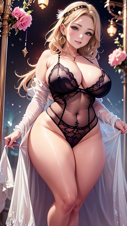 Mature Woman、Sensual curves、Huge breasts、bubble、お尻のmasterpiece, Highest quality, Very detailedな, Full Body Shot,Nightgowns and underwear, Captivating smile, Thick lips, plump唇, blush, Looking at the audience, Provocative expression, Beautiful hairstyle, Cleavage, plump、Curvy Hips、Attractive face、Mischievous face、Sexy Lingerie、An inviting gaze、Expressing emotions、Obscene underwear、Erotic see-through lingerie set、Standing position、Gorgeous Accessories 、Big Breastsの女性, Bare shoulders, Blonde, colored feather, metal ornaments, colored Flowers, particle, Light, (masterpiece, Highest quality, Highest quality, Official Art, beautifully、aesthetic:1.2), (1 Girl:1.3), Very detailed,(Fractal Art:1.1),(colorful:1.1)(Flowers:1.3),Most detailed,(Tangled:1.2), (Dynamic pose), (Abstract background:1.3), (Shiny skin), (Many colors :1.4), ,(Earrings:1.4), (feather:1.4),masterpiece, Highest quality, Very detailedな, 30~40 years, Full Body Shot, Mature Woman, 美しい Mature Woman, Nightgowns and underwear, Captivating smile, Thick lips, plump唇, blush, Looking at the audience, Provocative expression, Short Hairstyles, Cleavage, plump、Curvy Hips、Attractive face、Mischievous face、Sexy Lingerie　、An inviting gaze、Expressing emotions、Obscene underwear、Erotic see-through lingerie set、Standing position、Gorgeous Accessorier.々Hair style，Gold headband，Ample breasts，Uneven buttocks，Greek clothing，Tulle covers the chest，Perfect balance, Detailed details of the garment,marble，cinematic Lighting, Film Grain, contrast of Light and dark,Very detailedな, High detail, (((Erotic see-through lingerie set)))、Gorgeous Accessories、Lift your butt, From below, (((Browsing Caution:1.2)))、Exposed breasts、Breathless face、Openwork decoration，(((See-through dress)))、(((Anatomically correct body))) , Highest quality, Very detailedな, (((Obscene underwear)))、Lift your butt, From below, (Browsing Caution: 1.4)、Exposed breasts、(((Breathless face)))、Openwork decoration，(((See-through dress)))、(((R-18)))、Feast、Swirl、Big Breasts, Are standing, Cowboy Shot, 1 Girl,  (High resolution), (8K), (Very detailed), Perfect Face, Beautiful eyes and face, (((Highest quality))), (Very detailedな), Detailed face and eyes, Beautiful Eyes,(((Sexy pose)))、