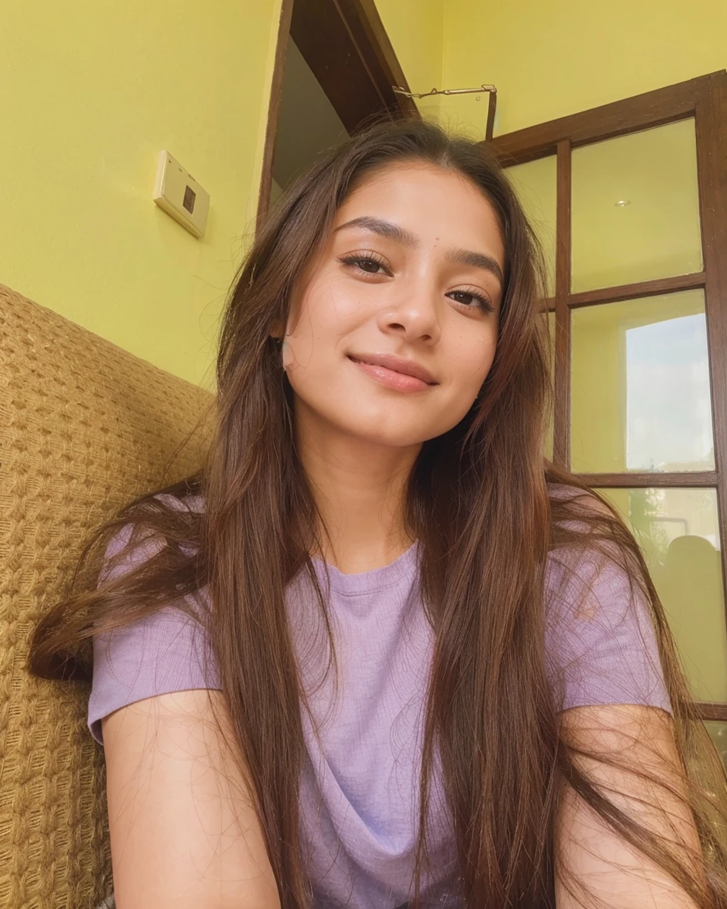 Beautiful ,23 years young Indian girl healthy, confidential looking,8k,realistic, raw photo,dark brown hair,fair skin, indian,long hair,clear facial features,, very detailed, 23years old, innocent face, natural wavy hair, high resolution, masterpiece, best quality, intricate details, highly detailed, sharp focus, detailed skin, realistic skin texture, texture, detailed eyes, professional, 4k, charming smile, shot on Canon, 85mm, shallow depth of field, kodak vision color, perfect fit body, extremely detailed, foto_\(ultra\), photorealistic, realistic, post-processing, maximum detail, roughness, real life, ultra realistic, photorealism, photography, 8k uhd, photography