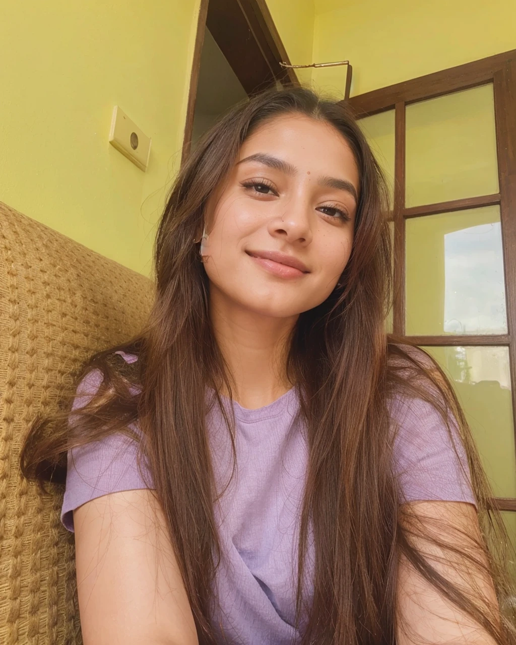 Beautiful ,23 years young Indian girl healthy, confidential looking,8k,realistic, raw photo,dark brown hair,fair skin, indian,long hair,clear facial features,, very detailed, 23years old, innocent face, natural wavy hair, high resolution, masterpiece, best quality, intricate details, highly detailed, sharp focus, detailed skin, realistic skin texture, texture, detailed eyes, professional, 4k, charming smile, shot on Canon, 85mm, shallow depth of field, kodak vision color, perfect fit body, extremely detailed, foto_\(ultra\), photorealistic, realistic, post-processing, maximum detail, roughness, real life, ultra realistic, photorealism, photography, 8k uhd, photography