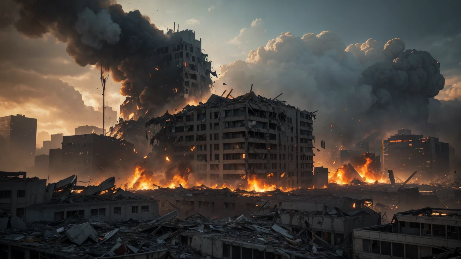 a chaotic scene of destruction, crumbling buildings, debris, fire, smoke, twisted metal, rubble, chaos, explosions, intense action, cinematic lighting, dramatic camera angles, apocalyptic atmosphere, gritty realism, detailed textures, HDR, 8K, cinematic composition, photorealistic, masterpiece