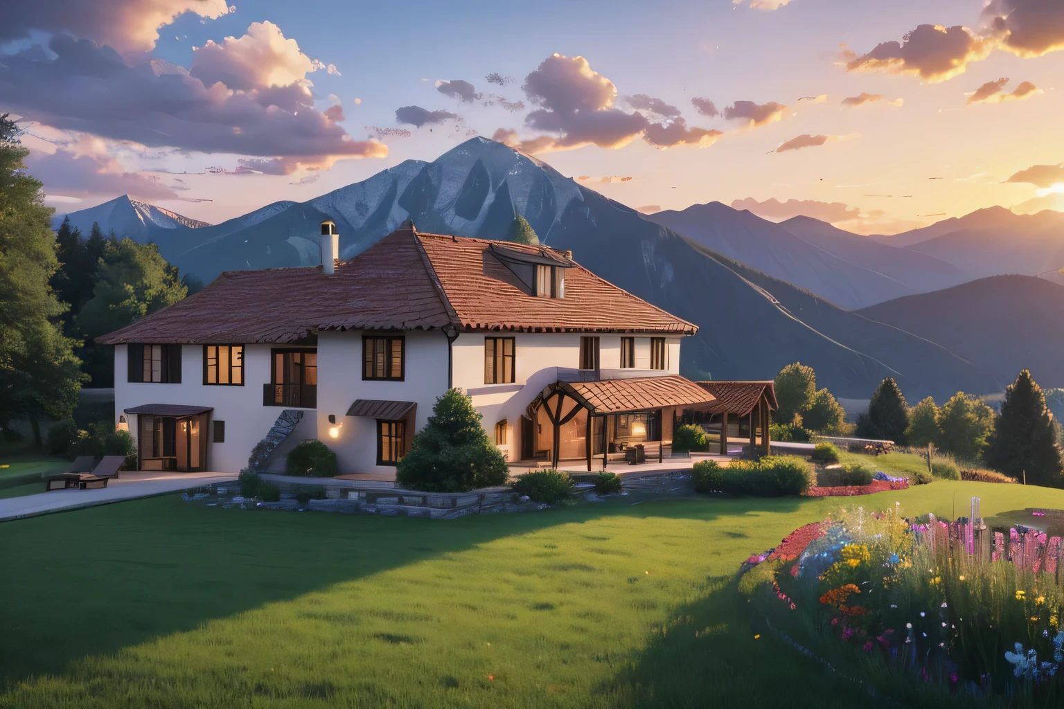 "Visualize a picturesque scene of a European-style house perched atop a high mountain peak. The morning sun is just beginning to rise, painting the sky with vibrant hues of orange and pink. The house, adorned with classic European architecture—stone walls, clay roof tiles, and arched windows—stands elegantly against the backdrop of a clear, azure sky. Wispy clouds gently float by, illuminated by the warm glow of the sunrise. Surrounding the house are lush green meadows dotted with wildflowers, adding to the idyllic charm of the setting. Capture the tranquil ambiance of dawn in the mountains, with a focus on the quaint details of the house and the breathtaking natural scenery unfolding under the clear, bright sky."