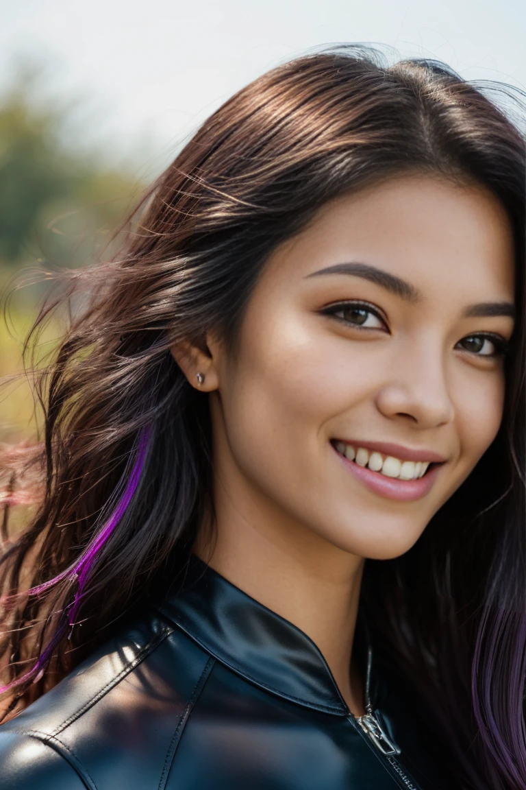 arafed woman with long black hair with purple highlights, flowing long black hair with, with black hair, photo of a beautiful woman, long flowing black hair, black golden hour, curly black hair, beautiful young asian woman, beautiful asian woman, wild ginger hair, pink wispy hair, light black hair, a young asian woman, an asian woman, infp young woman, Portrait photo of a 24-year-old french girl in RAW UHD format (Brown-eyed woman) , surfing), Details (textures! , Hair! , glistering, Color!! , imperfections: 1.1), highly detailed glossy eyes (looking at the camera), DSLR Lighting, SLR camera, Ultra-Quality, sharpness, Depth of field, Film grain , Fujifilm XT3, Crystal clear, Frame Center, beautiful face, sharp-focus, bokeh (sunlight), (open sky), detailed skin pores, oilly skin, suntan, Complex eye details, (((smiling))), ((tight leather clothing)), (((navel))), jewelry