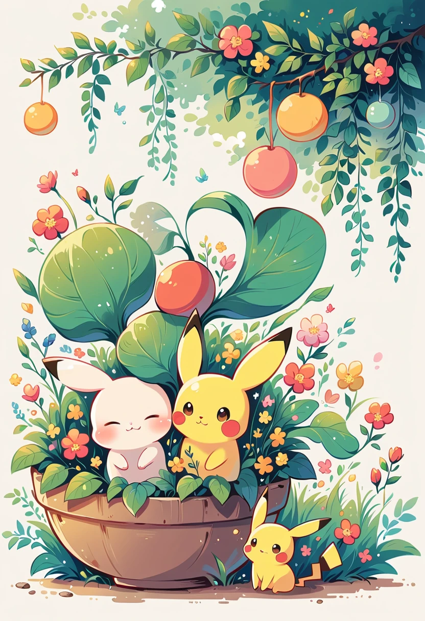 Takashi Murakami style, cozy scene featuring hanging planters with adorable Pokémon, adding elements of Pikachu. The planters should be filled with lush greenery and colorful flowers. Include Pikachu comfortably resting in one of the planters, alongside other Pokémon like Celebi and Snivy. Use soft pastel colors and whimsical details to enhance the charm. The background should have subtle stripes with shades of green and peach, maintaining a warm and inviting atmosphere