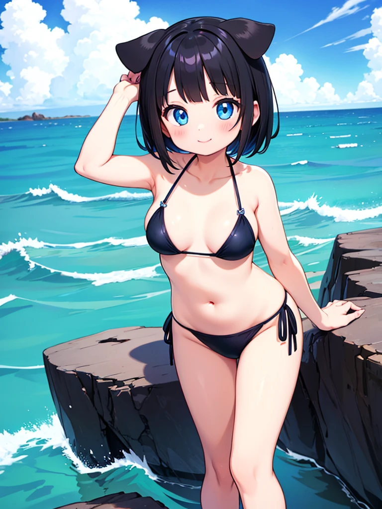 Short black hair Adult female　Dog Ears　Dark blue colored eyes　Wearing a tiny bikini　Location: Sea　smile