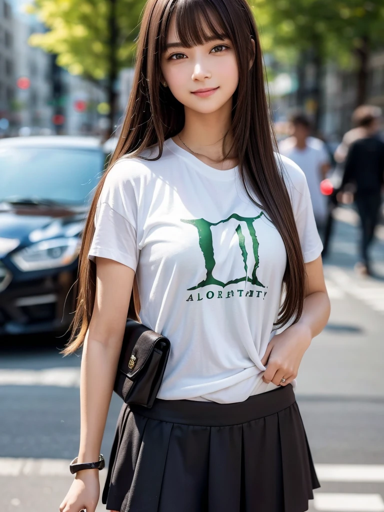 (8K, RAW Photos, Highest quality, masterpiece:1.2), (Realistic, photo-Realistic:1.4), (Highly detailed 8K wallpapers), ((Full Body Shot)), (1 girl), Sharp focus, Depth of written boundary, Cinematic lighting, Soft Light, 緻密な美しさのeye, eye_Chan, Very beautiful 17 year old girl, innocent big eyes, Realistic, photo Realistic, Highly detailed cute girl, (Thin thighs), (Model Body Type), 18-year-old, ((Monster Energy short sleeve T-shirt)), (Micro Mini Tight Skirt), (((Fold your arms in front of your chest and act arrogantly))), ((A happy smile)), Parted lips, Watching the audience, (On the streets of New York) , (Brown Hair),(Long Bob Hair), (Asymmetrical bangs)