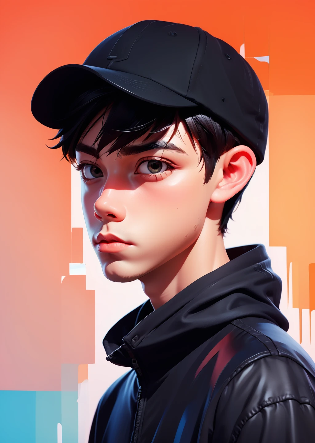 Reflection of one boy, Broken glass gradient color (masterpiece, Highest quality, Flat digital painting by Keith Negley Ilya Kuvshinov),Wearing a deep black cap,Looking at the camera from the front