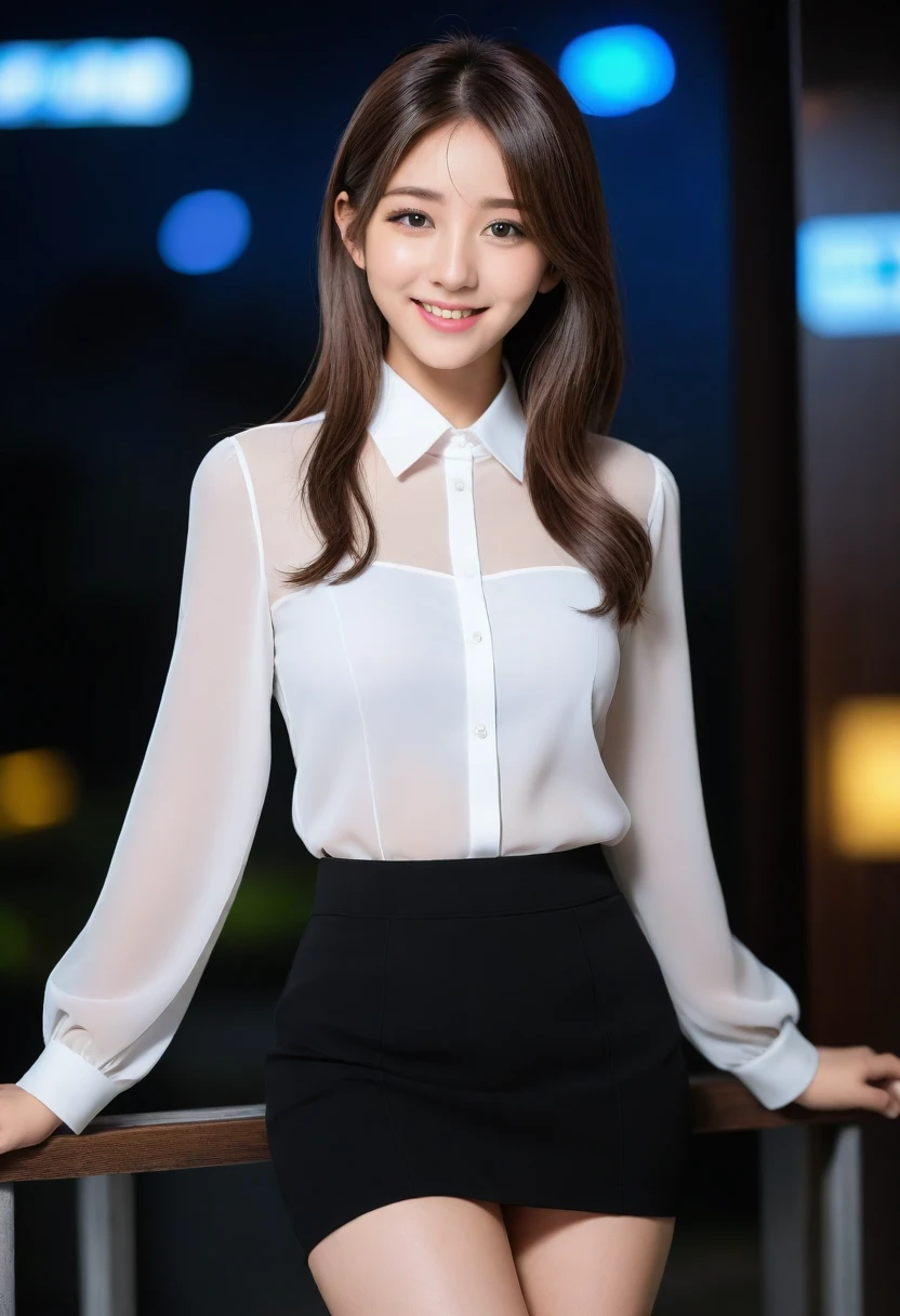 8K, Ultra-high resolution, Highest quality, masterpiece, 三分割法によるphotograph,Surreal, photograph, 1 girl, (:1.3), pretty girl, Cute face, Beautiful eyes in every detail, 細かくdetailedに,masterpiece,, One Girl:1.2, Japan Female Announcer,whole body,Young Wife, (night, (Neon Signs), (Blurred Background), ((See-through blouse)), (White blouse)), , Very slim, Black Pencil Skirt、Full of cleanliness,A carefree smile,Healing the heart,Semi-long layered hair,Looking at the audience、beauty,Long neck、Laugh a little、Please close your mouth and laugh、(((Ideal body type))),A-cup small breasts :2,、Portraiture:2、Perfect Anatomy、鮮明なdetailed、detailed、Surreal、Light and shadow,Strong light