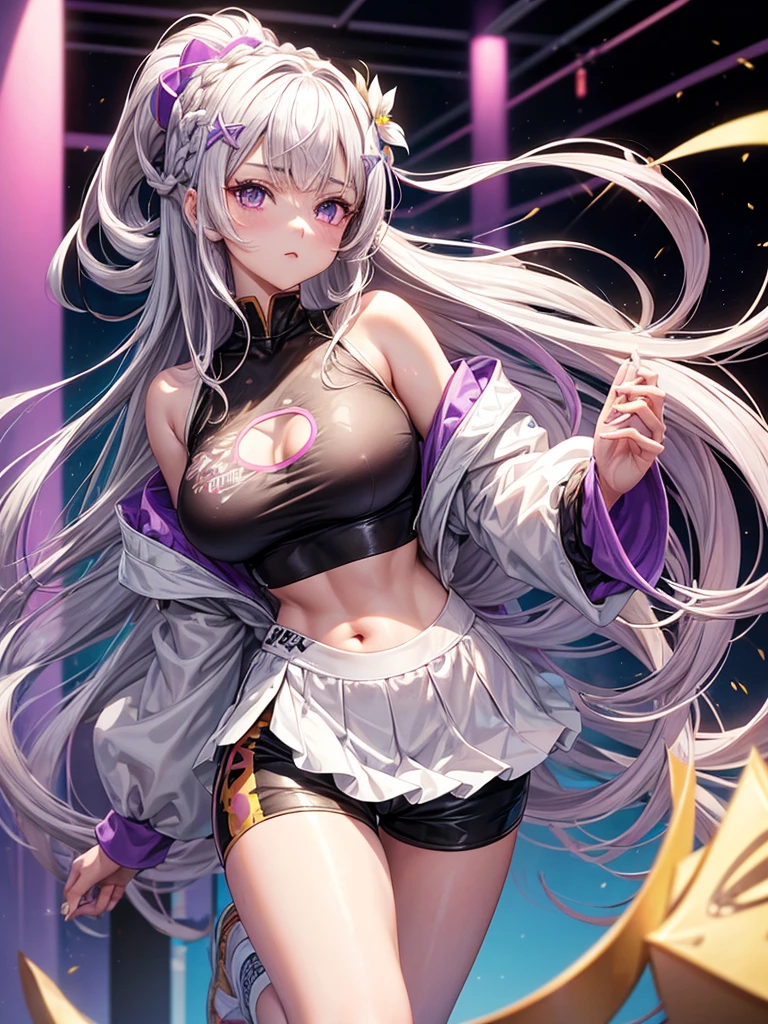 Emilia re:zero, purple eyes, Emilia, crown braid, x hair ornament, flower hair ornament, white hair, long hair, medium breasts, ((Masterpiece)), best quality, absurderes, ultra detailed, holographic, cowboy shot, golden ratio, super cute girl, mature girl, idol girl, super beautiful asian girl with very beautiful violet glowing eyes, beautiful glowing brown multicolored hair, high ponytail, nice and sexy body, slim body, perfect body, wearing a super tight anime printed leotard, an anime printed super tight off shoulder long sleeve crop top, a super aesthetic transparent mini jacket, beautiful hair ornament, pink jordan tennis, being photographed in a mall shop with her handsome skinny boyfriend, with dark messy hair, brown luminous eyes, wearing a white anime shirt, black shorts, and pink crocs