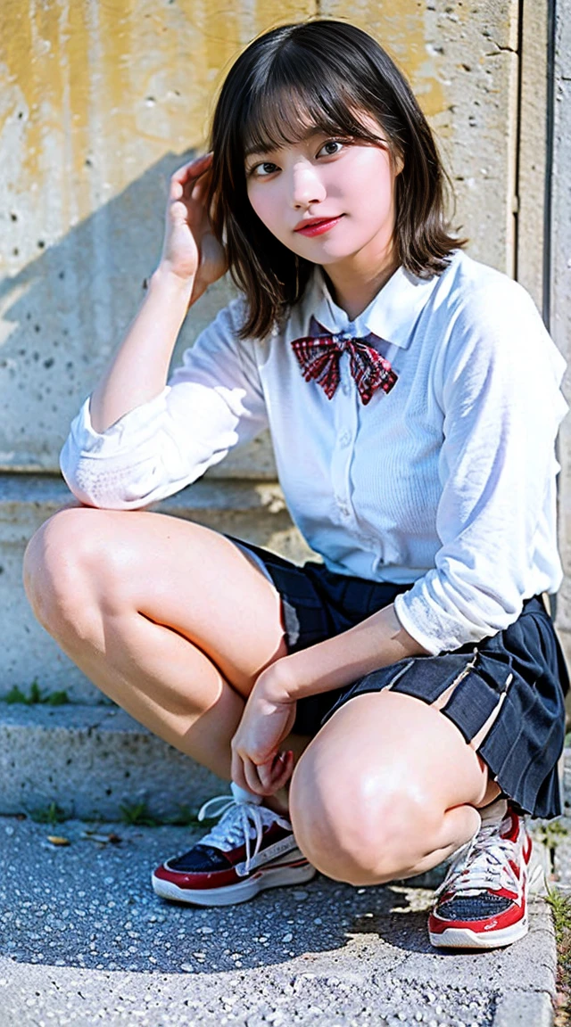 A cute high school girl is riding a bicycle、The right foot is on the ground、Her left foot is straddling the saddle, which is resting on the pedal, with her skirt on the ground.、Camera angle from below、Riding a bicycle and looking at the camera with a smile, UHD, accurate, anatomically correct, textured skin, high details, best quality, 8k