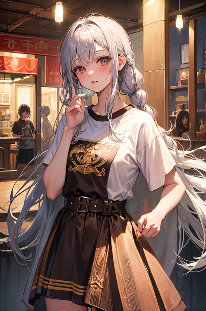 8K, Highest quality, masterpiece, Ultra-detailed、Silver Hair、long hair、Braid、full lips、Brown eyes、18Year-old beauty、Portrait、Coffee shop、、Blushing、、T-Shirts、