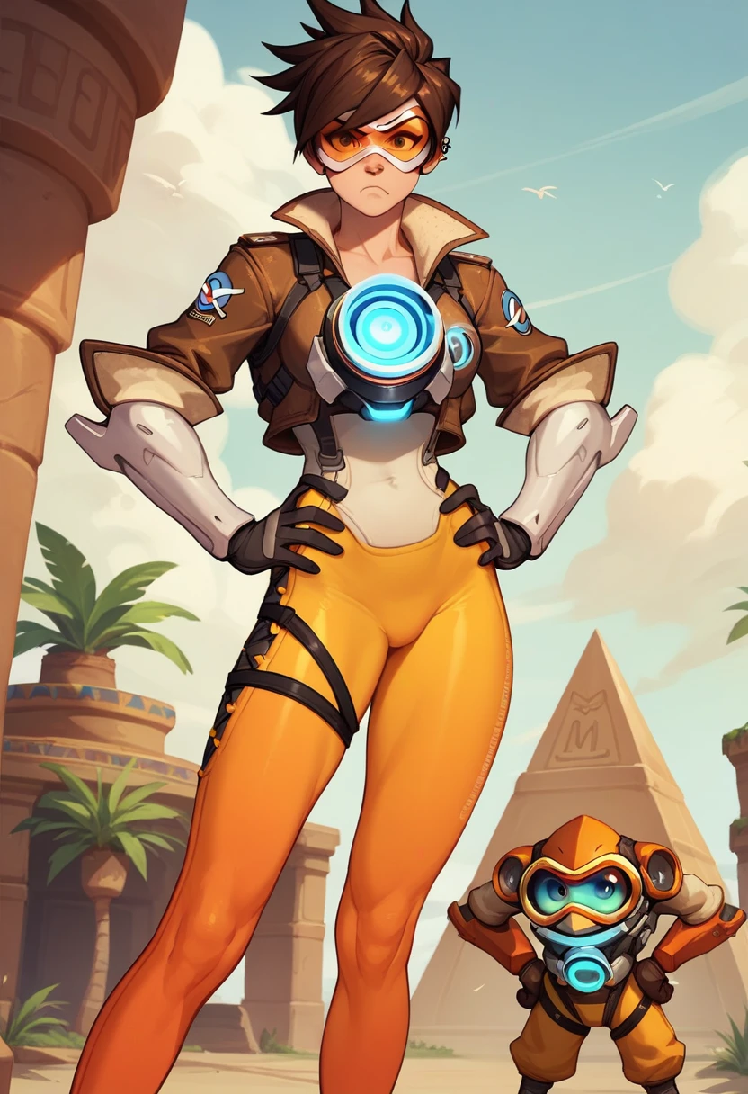 tracerow,tracer (overwatch),short hair, (visor, googles), cropped jacket, orange leggings, looking at viewer, serious, angry, 
standing, hands on hips, outside, egypt, pyramid of giza, extreme detail, masterpiece,  big tits